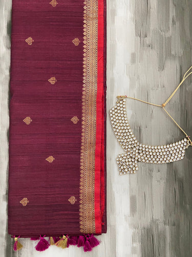 Banarasi Tussar Silk Saree | Deep Garnet | Handwoven | Ships from California